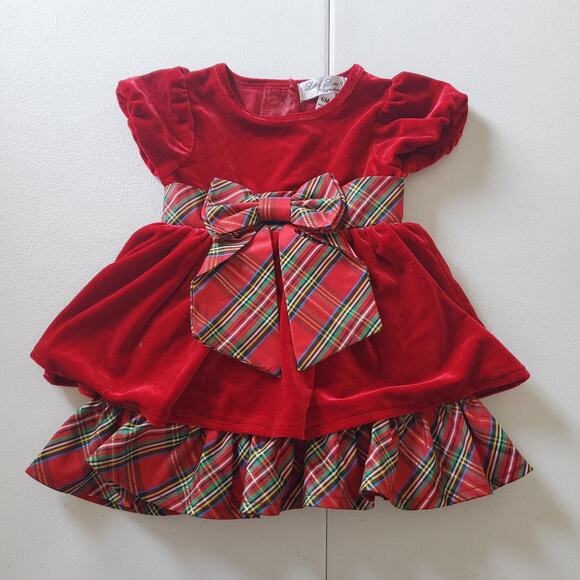 Vintage Dress Girls 6 Months Red Plaid Holiday Velvet Bow Ruffle Christmas - Picture 1 of 5